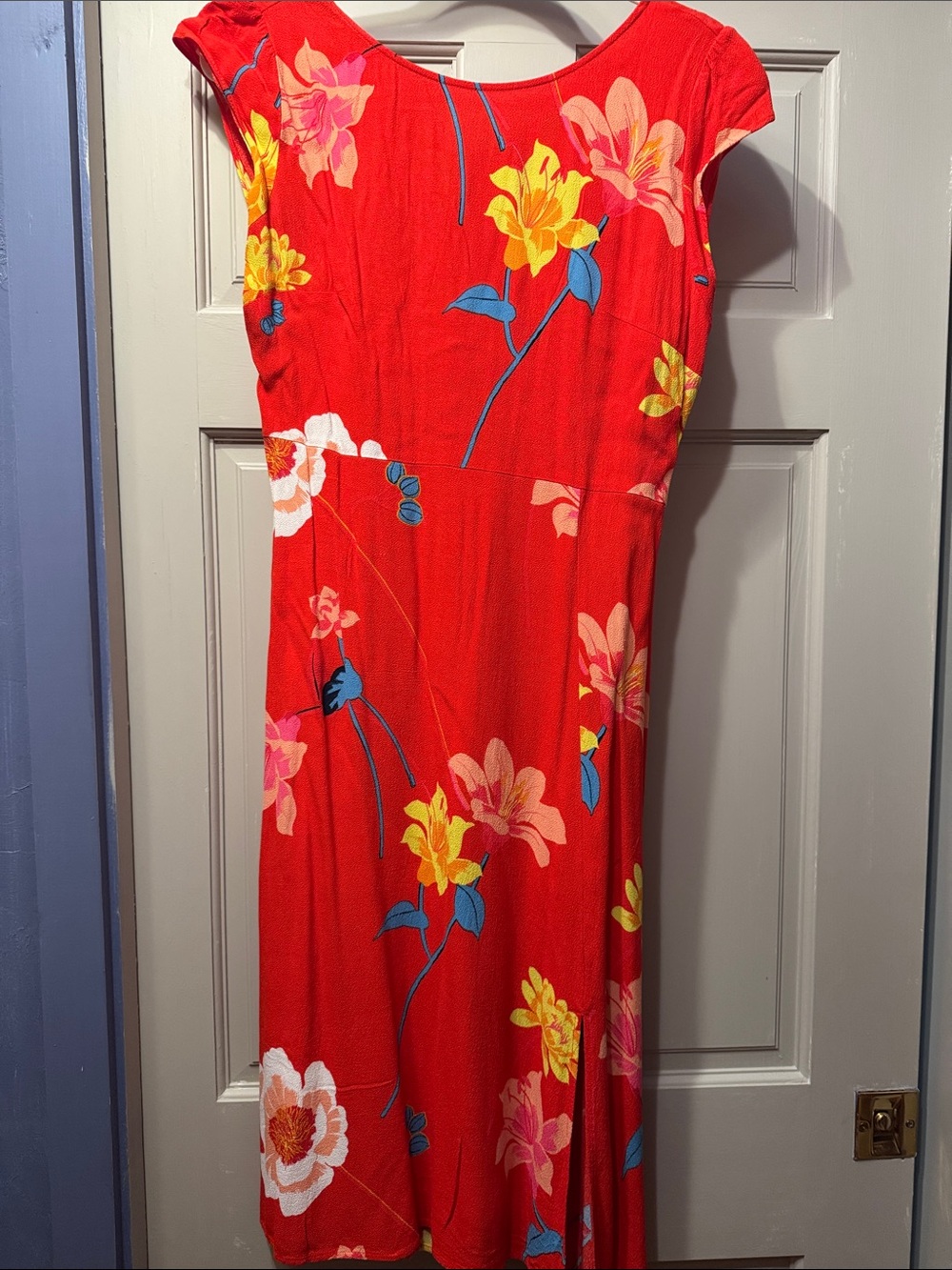 LOFT Red Floral Cap-Sleeve Midi Dress